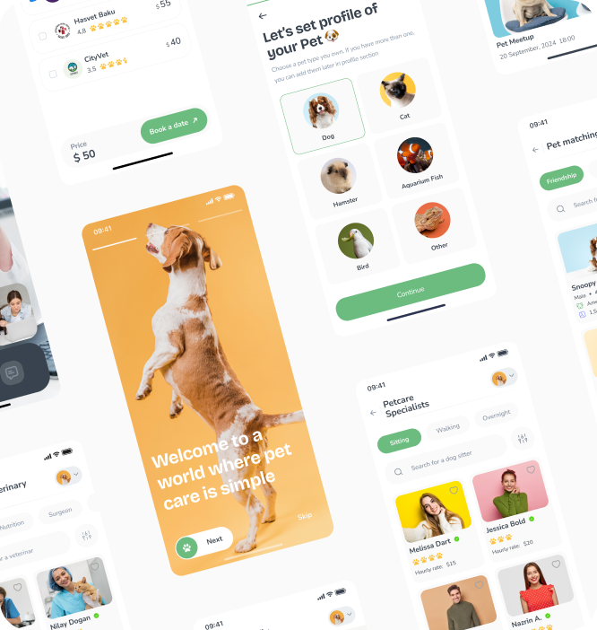 iVet app screens — home, onboarding, specialists, matching, vets list